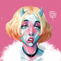 A woman with light blue skin with pink blush and other tints, short, blonde hair, horns and blood on her mouth.
